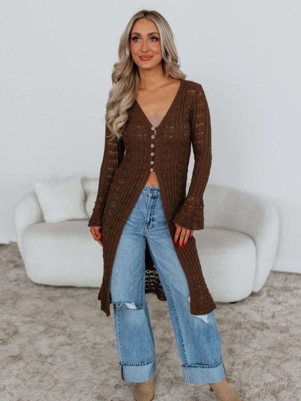 NWOT Listicle Brown Long Knit Button-Front Cardigan - Picture 3 of 6